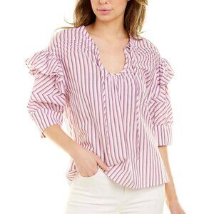 Tanya Taylor Callie Striped Puff-Sleeve Top Pink
